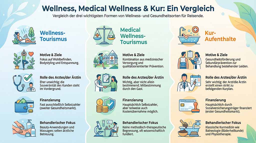 Infografik 'Wellness, Medical Wellness & Kur: Ein Vergleich'. Die Grafik vergleicht drei Formen von Gesundheitsreisen anhand von Motiven, der Rolle des Arztes, der Finanzierung und dem Behandlungsschwerpunkt.