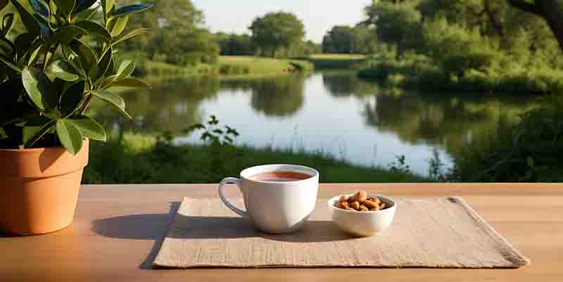 Eine weiße Tasse Tee und eine kleine Schale mit Nüssen stehen auf einem beige-farbenen Platzset auf einem Holztisch im Freien. Links im Vordergrund befindet sich eine grüne Pflanze in einem Terrakottatopf.